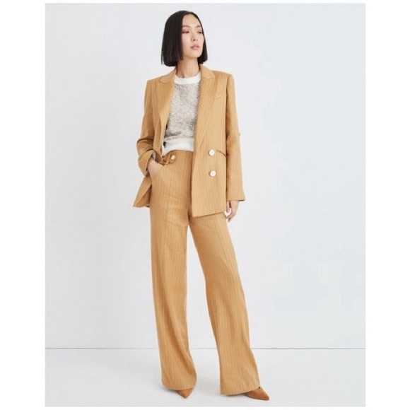 Veronica Beard Sunny Pinstripe Wide Leg Linen Waist Button Detail Pants - Picture 3 of 11